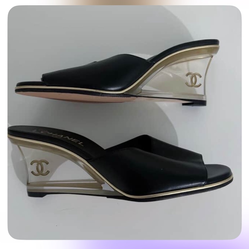 Chanel Black and Gold Wedge Mules